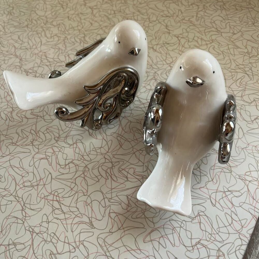 Pair of Ceramic Birds White Silver - Picture 2 of 2